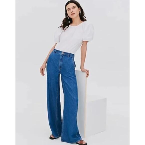 J. Crew High Rise Drapey Trouser Jean Full Length Wide Leg Medium Wash Blue - Picture 3 of 13